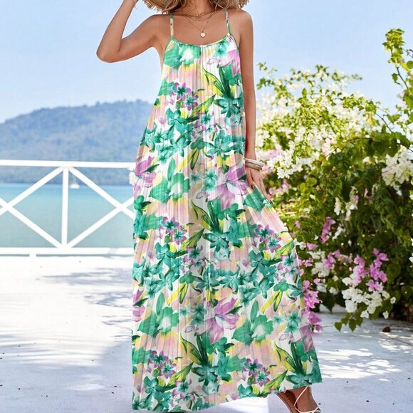 Multicolor Boho Womens A-Line Pleated Romantic Floral Print Sling Backless Dress - Picture 5 of 5